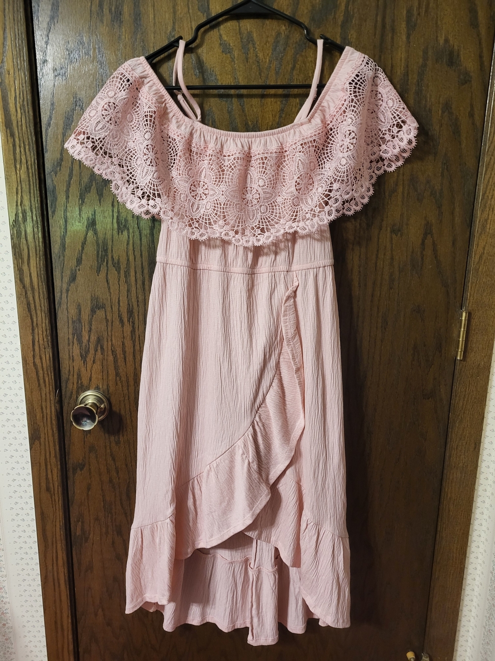 No Boundaries Blush Pink Lace Off-Shoulder High-Low Dress